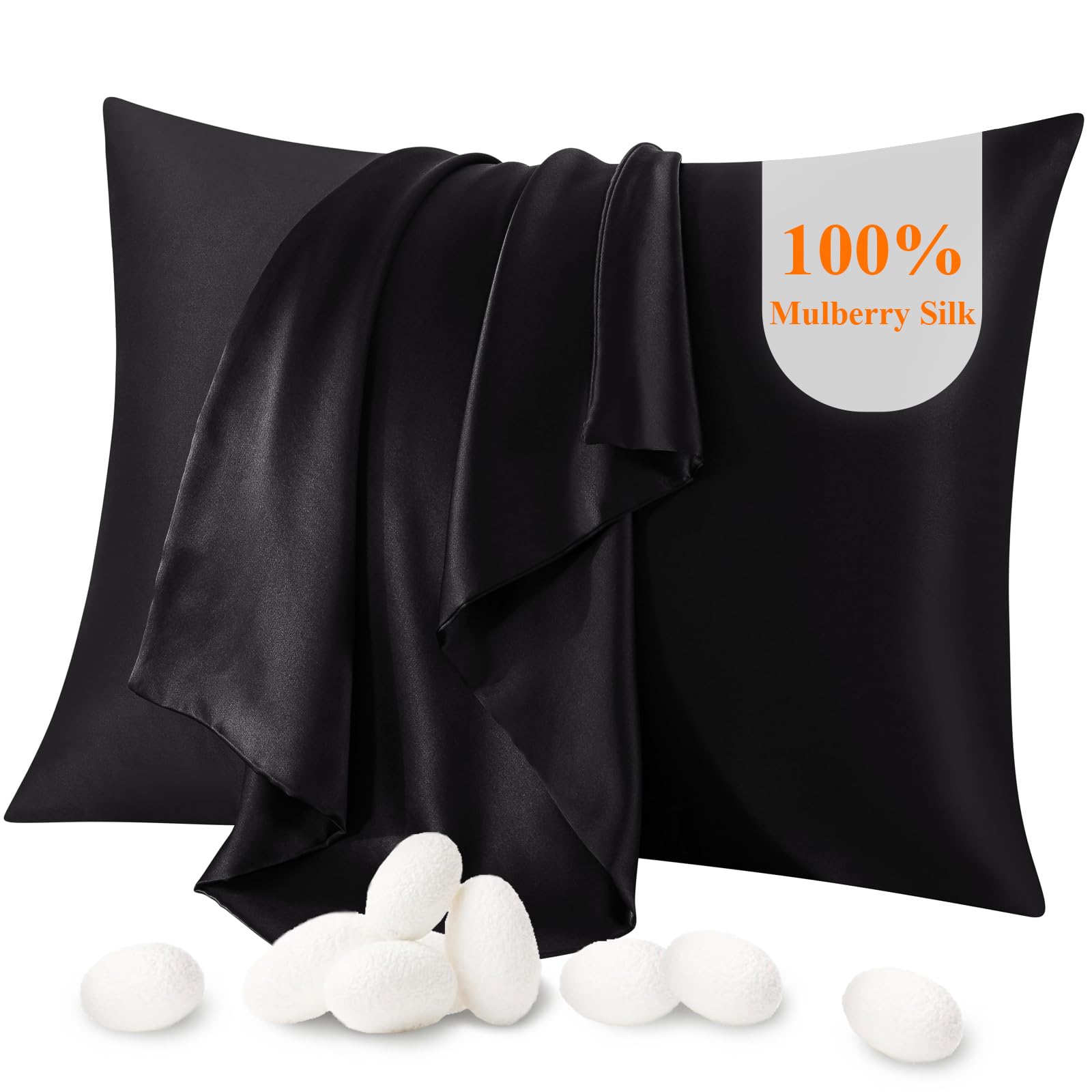 Jaciu 100% Silk Pillowcase for Hair and Skin, Pillow Cases Both Side Mulberry Silk Pillowcases 21 Momme 600 Thread Count Hidden Zipper Smooth Soft(Black, Standard 50x66cm,1pcs）