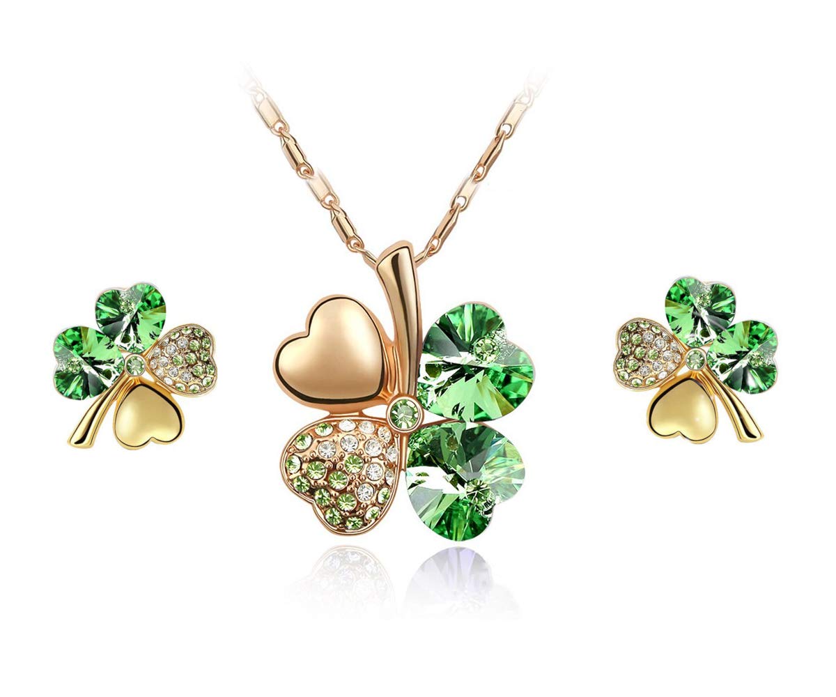 Mall of Style Four Leaf Clover Necklace - Green St.Patrick's Day Jewelry (Gold Earrings Necklace)