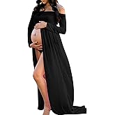 JustVH Maternity Off Shoulder Chiffon Gown Long Sleeve Front Split Maxi Photography Dress for Photoshoot