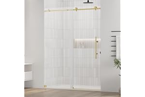 DELAVIN 56-59" W x 75" H Frameless Shower Door, Ultra-Clear Tempered Glass Shower Door with Explosion-Proof Film, Easy Glide Sliding Shower Door in Gold Finish, Can be Reversible Installation