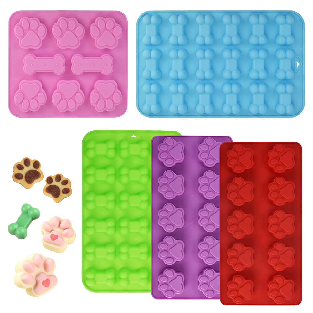 ANTHYTA Puppy Paw & Bone Silicone Molds, 5 Pcs Trays with 3 Shape 3D Puppy Dog Paw Cake Moulds DIY Baking Tools for Ice Lollies, Chocolate, Candy, Pudding