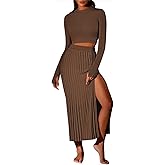 Pink Queen Women's 2 Piece Sweater Outfits Set Long Sleeve Crop Top Ribbed Split Bodycon Midi Long Skirt Knit Dresses