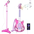 deAO Kids Guitar and Microphone Play Set with Stand for Girls, Musical Guitar Play Set, Adjustable Height Guitar Toys Karaoke Music Toys Birthday Gifts for Kids Boys Girls Toddlers