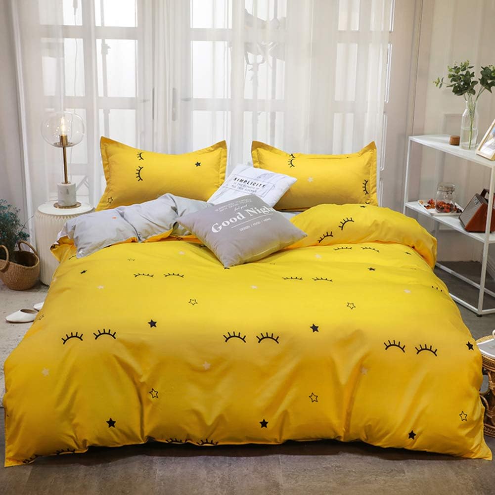 MOVE OVER Yellow Eyelash Bedding Kids Cartoon Duvet Cover Set Yellow Eyelash and Grey Stars Reversible Design Yellow Bedding Sets King (104x90) 1 Duvet Cover 2 Pillowcases (King, Eyelash)