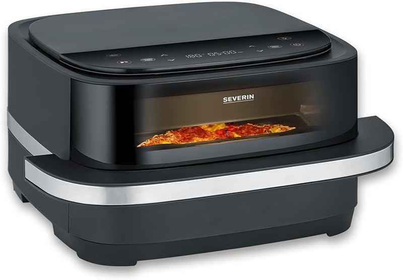 S-Fry Pizza & More Air Friyer, 10 programas automáticos de pizza e mais, distribuição ótima de calor, formato extra largo, janela de visualização, 4 L, 2100 W, preto, prateado, FR 2464