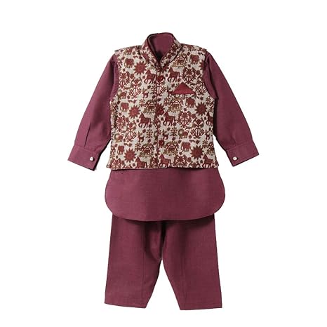 Bownbee By Hopscotch Boys Cotton Pathni Kurta Pajama And Waistcoat Set In Maroon Color