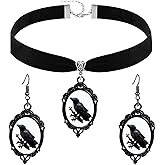 QLUYCKW Gothic Crow Glass Pendant Necklace Earrings Set for Women Men Punk Vintage Mystic Raven Cross Black Velvet Choker Necklace Halloween Holiday Party Charm Jewelry
