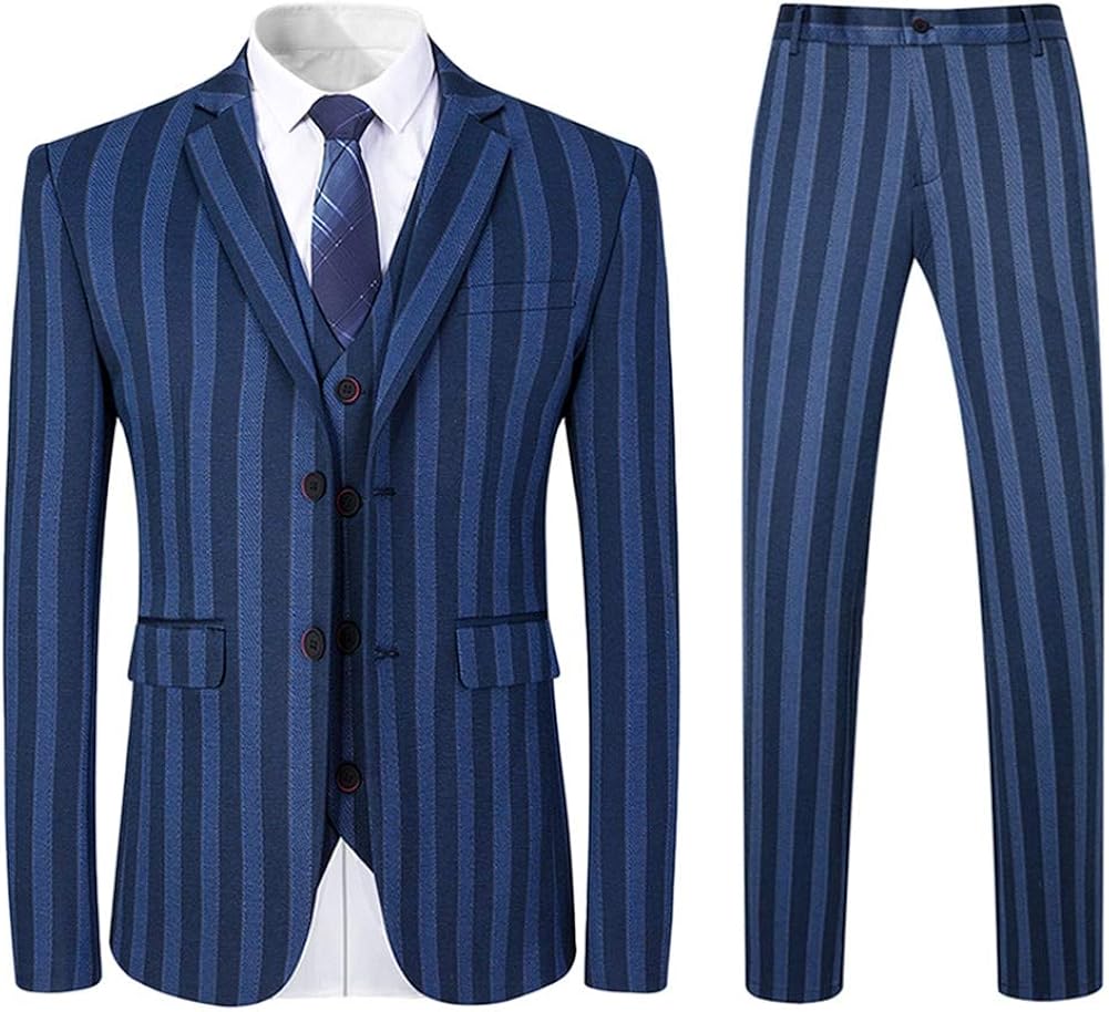 Mens 3 Piece Suit Formal Pinstripe Slim Fit Notched Lapel Dress Blazer Vest Trousers Set at  Men’s Clothing store