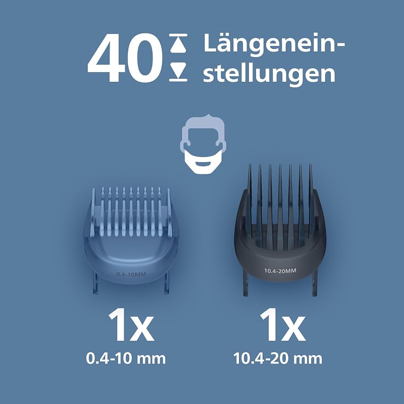 Bartschneider 7000er-Serie – selbstschärfende Metallklingen, 40 Längeneinstellungen, BeardSense-Technologie, Haarkollektor, 100% wasserdicht, Ladestation, Aufbewahrungsetui, Modell BT7660/15
