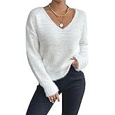 Verdusa Women's Fuzzy Cozy Sweaters V Neck Off The Shoulder Long Sleeve Pullover Fall Sweater