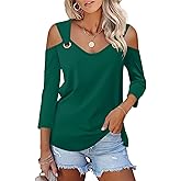 Minetom Women's V Neck 3/4 Sleeve Shirts Cold Shoulder Tops Basic Summer Tees