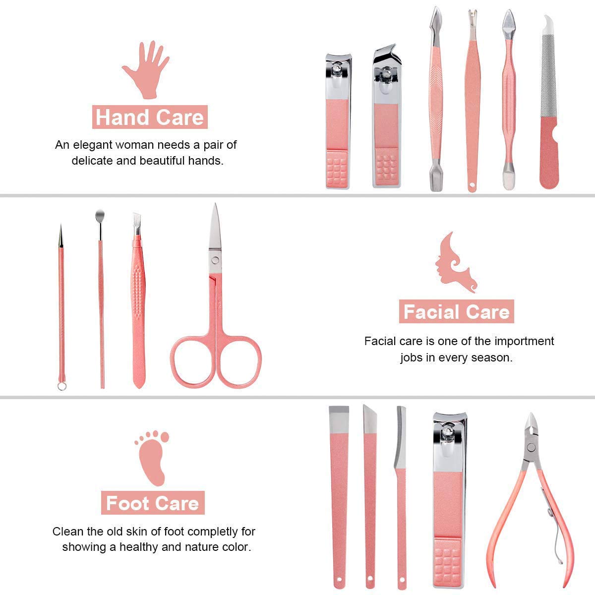 Manicure Set Nail Clippers Pedicure Kit 15Pcs Stainless Steel Professional Women Grooming Kit Care Tools for Travel or Home(Pink) : Beauty
