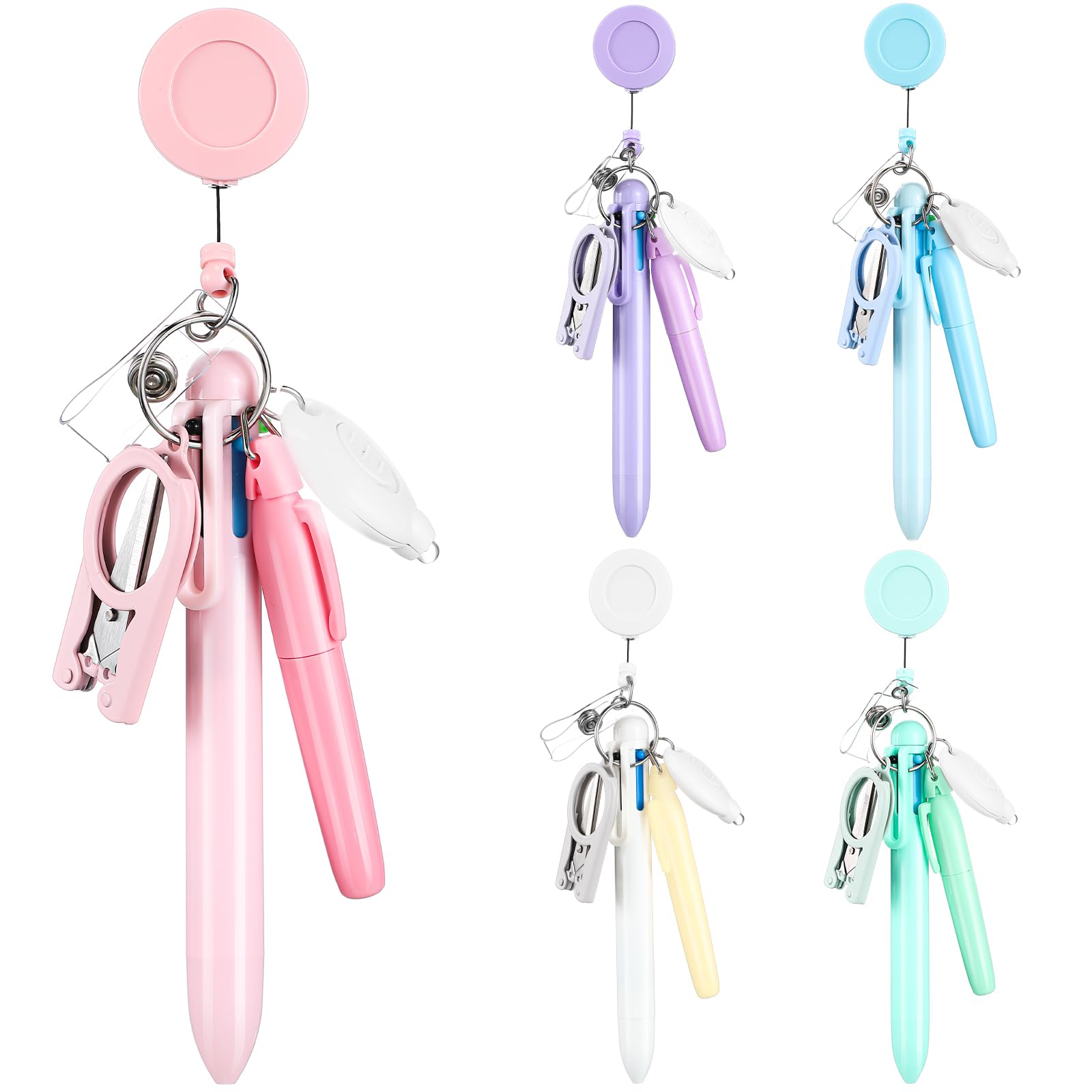 Photo 1 of Trandraft 25 Pcs Nurse Pen Set Nurse Badge Accessories Mini Retractable Ball Pens Highlighter Badge Clip LED Keychain Folding Scissors (Pastel Color)