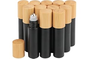GLASSTORE 10ml Glass Roll on Bottles Frosted black Roller Bottles For Essential Oils Perfume Sample Bottles With Stainless Steel Roller Ball &Bamboo Cap,12pcs