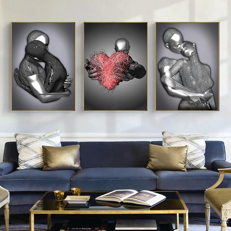 LPFNSF Modern Decorative Painting of Metal 3D, Romantic Art, Embracing Sculpture Decoration Poster, Bedroom, Living Room, Wall Printed Poster of the Main Background, Frameless. (D 2, 30x40cm*3)