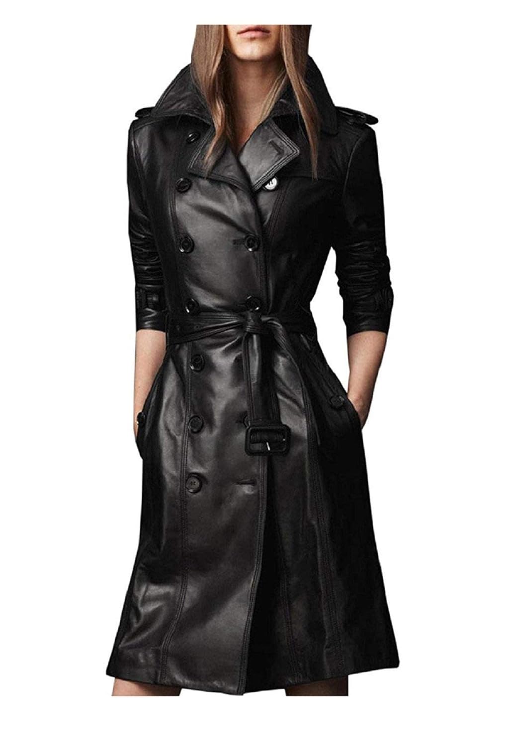 Buy Women Designer Black Trench Leather Long Coat with Belt Trench