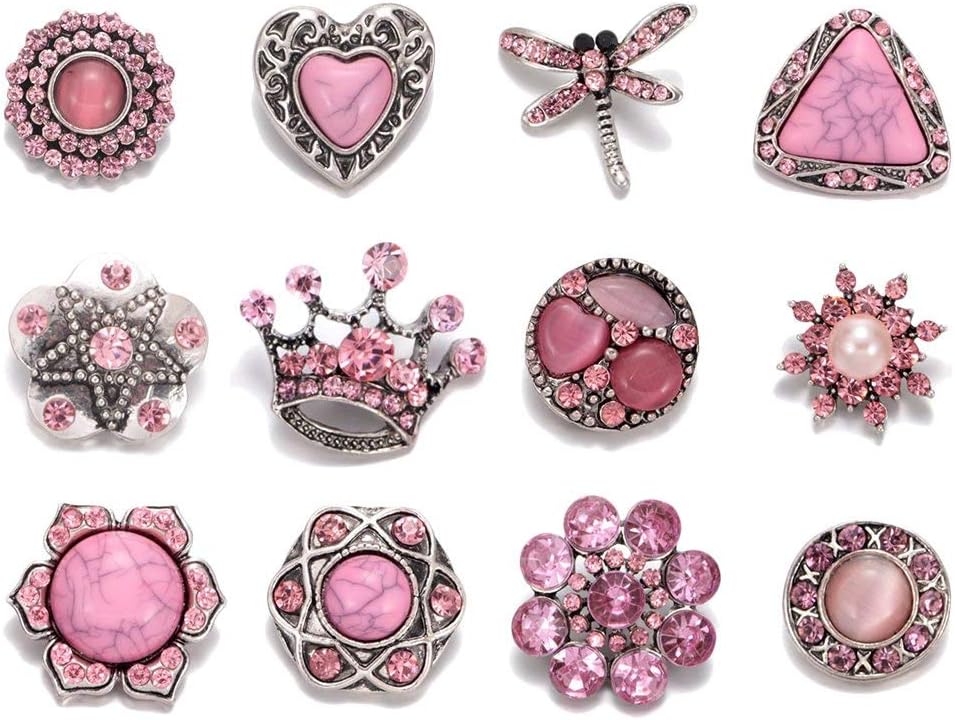 Soleebee 12pcs Alloy Rhinestones Same Color Snap Buttons Jewelry Charms (Pink)