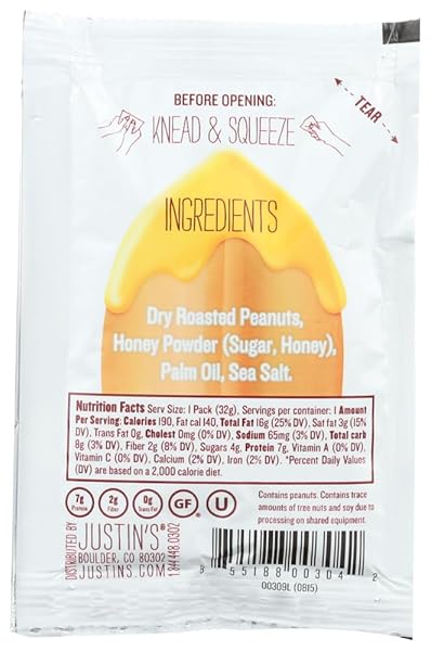JUSTIN’S NUT BUTTER: HONEY PEANUT BUTTER SQUEEZE PACKS, 1.15 OZ (20 PACK)