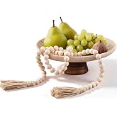 Singhoow 10.2 Inch Natural Travertine Fruit Bowl with Acacia Wood Pedestal | Decorative Bowl &amp; Wood Bead Garland for Counter Dining Table Centerpiece Entryway, Modern Decoration, Housewarming Gifts