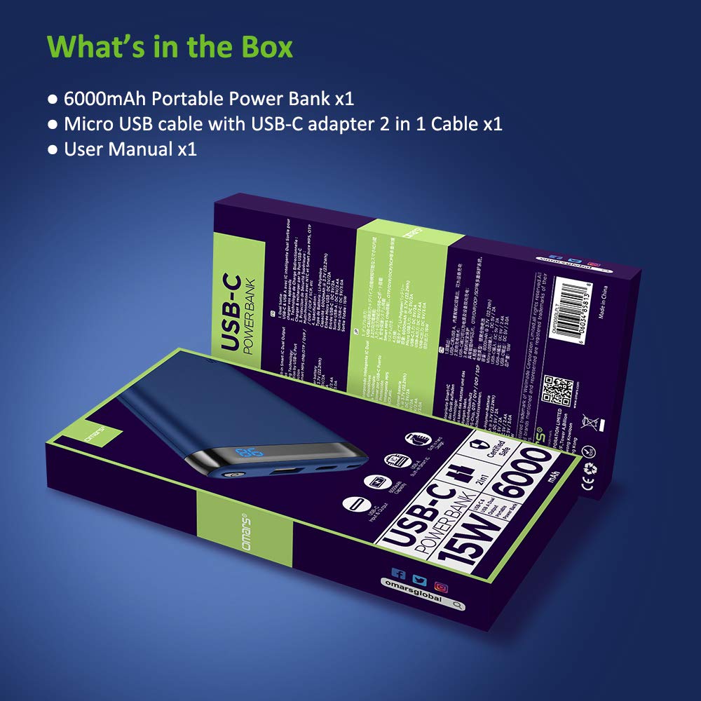 Omars Power Bank 6000mAh Caricabatterie Portatile con Porta USB C da 15W, USB A Porta 2.4A Powerbank per iPhone X 8 7 Plus 6s 6 iPad Air Mini Samsung Galaxy S9 S8 S7 Edge S6 Smartphone