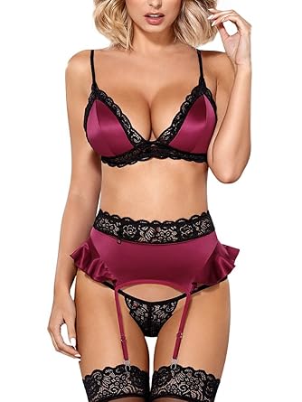 Obsessive unglaublich verführerisches Strapsset aus elastischem Satinstoff und schwarzer Spitze, pink