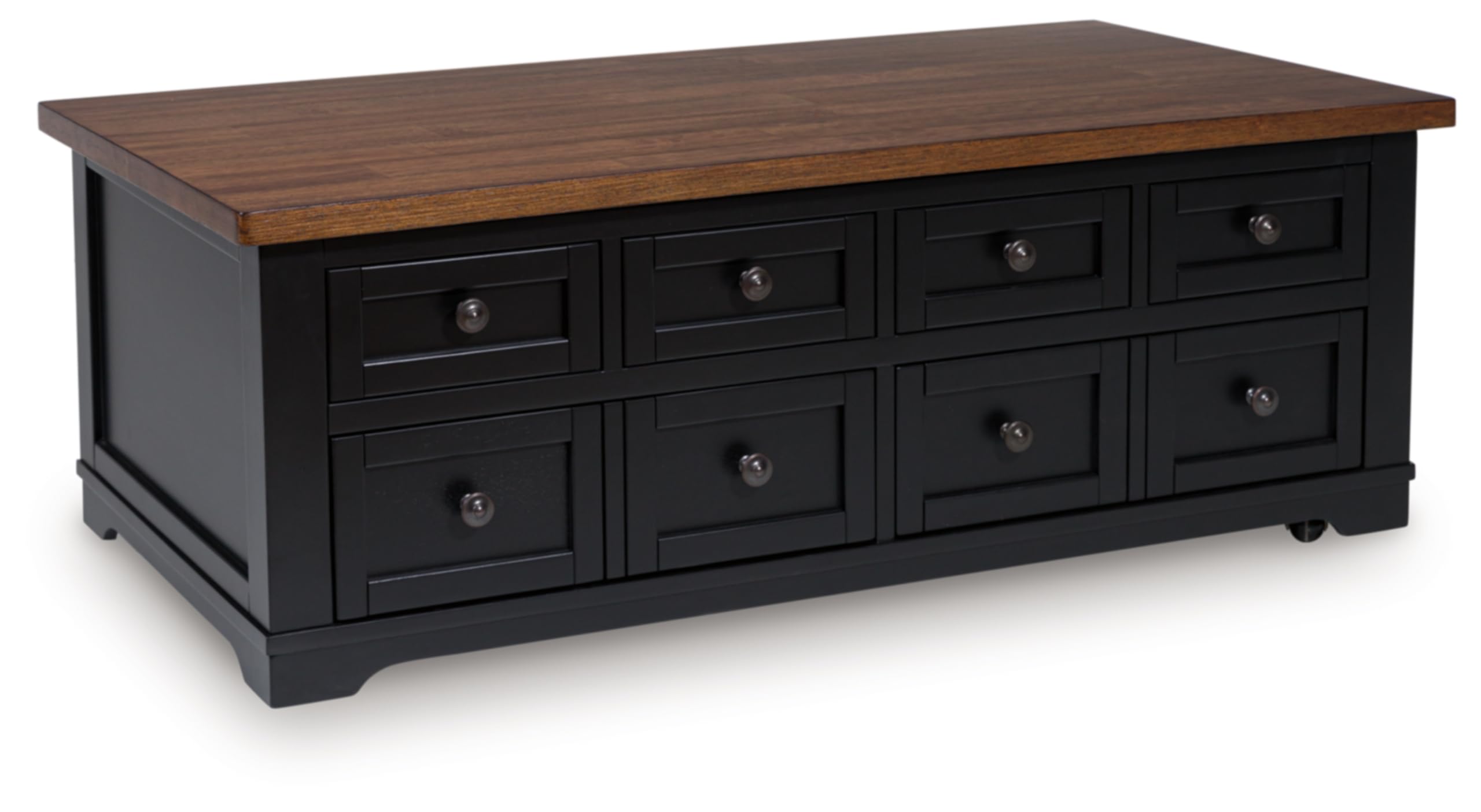 Signature Design by Ashley Wildenauer Farmhouse 2-Drawer Lift-Top Coffee Table with 2 Storage Bins Under Top and Casters, Light Brown & Black Image Signature Design by Ashley Wildenauer Farmhouse 2-Drawer Lift-Top Coffee Table with 2 Storage Bins Under Top and Casters, Light Brown & Black Image