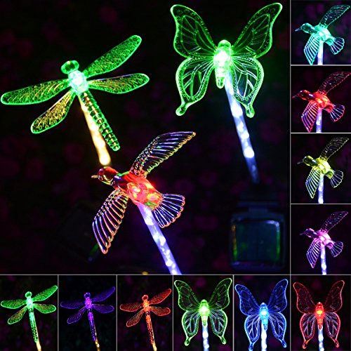 Chasgo 3PCS Solar Garden Stake Lights Outdoor Multi-color Changing Solar Hummingbird Light Solar Butterfly Light Solar Dragonfly Light