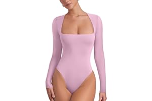 Cyanstyle Women's Sexy Square Neck Long Sleeve Double Lined Bodysuit Tops Fall Winter Outfits 2024
