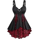Rosegal Women's Plus Size Gothic Tank Top | Floral Flocking,Tulip Hem,Layered Ruffles,Lace Up Ruched,Heart Buckles,plus size tank top,Dating,Vacation,Party,cosplay