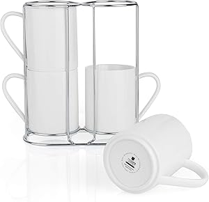 Teocera Porcelain Coffee Mugs with Stand, Coffee Mug Set - 11 Ounce for Tea, Cocoa, and Mulled Drinks - Set of 4, White