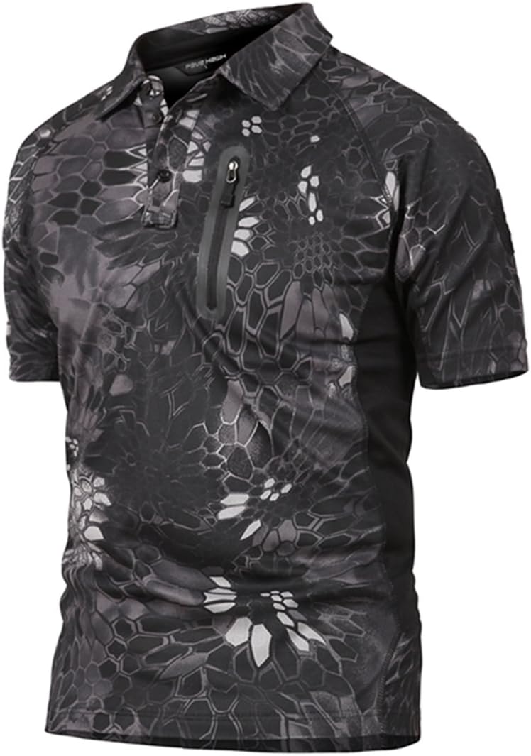 QCHENG Men's Quick Dry Lightweight Breathable Outdoor Military Tactical T-Shirt Camo with Zip Pocket Polos Summer