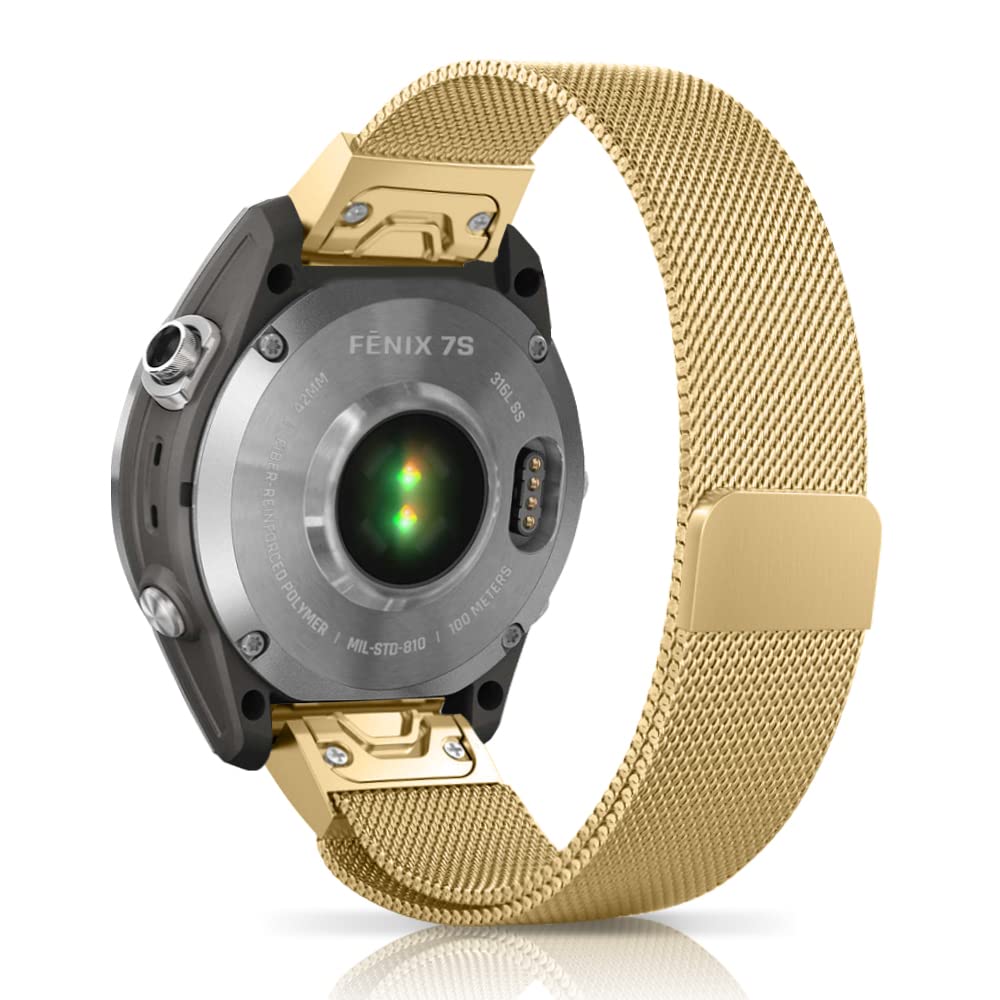 Niboow QuickFit 20mm Stainless Steel Mesh Metal Watch Band for Garmin Fenix 8 43mm/Fenix 7S Pro Solar/Epix 2 Pro 42mm, Gold, 20mm Width