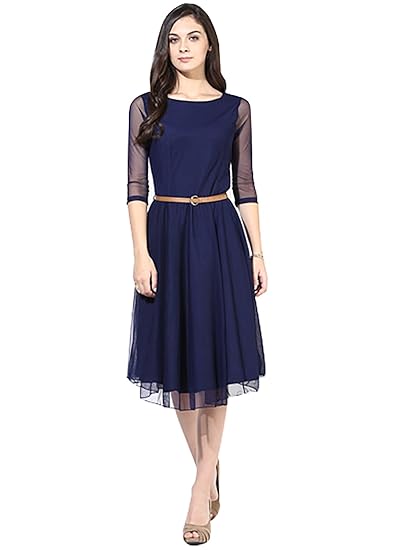 Unique Fashion Women's Net and Crepe Blue Skater Dress (D-02 Blue Moon Light Dress-P)