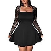 Floerns Women's Plus Size Contrast Lace Sheer Long Sleeve A Line Dress Square Neck Mini Dresses