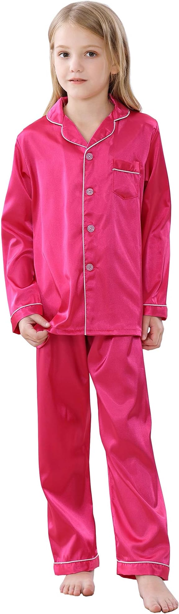 JOYTTON Kids Satin Pajamas Set PJS Long Sleeve Button-Down Sleepwear Loungewear