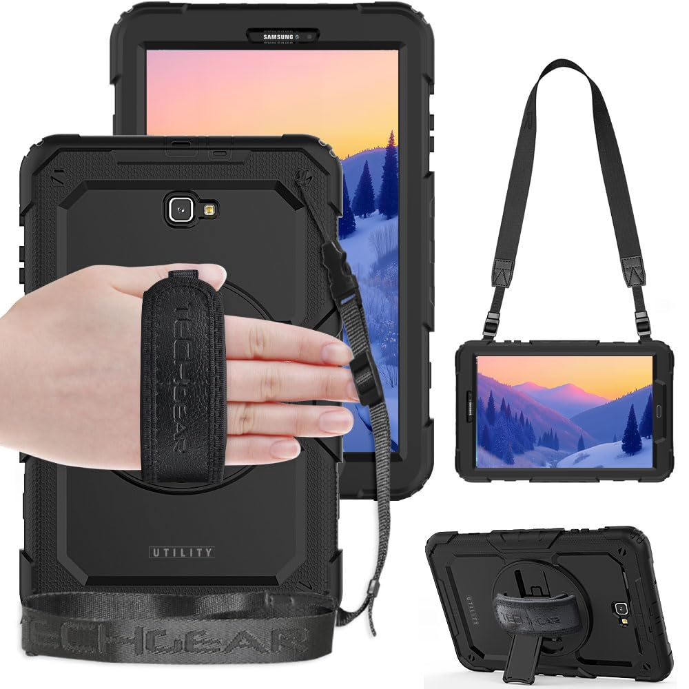 TECHGEAR UTILITY Case fits Samsung Galaxy Tab A 10.1" (SM-T580 Series) Tough Rugged HEAVY DUTY Armour Shockproof Protect Case 360 Degree Rotating Stand, Hand Strap and Shoulder Strap - Black
