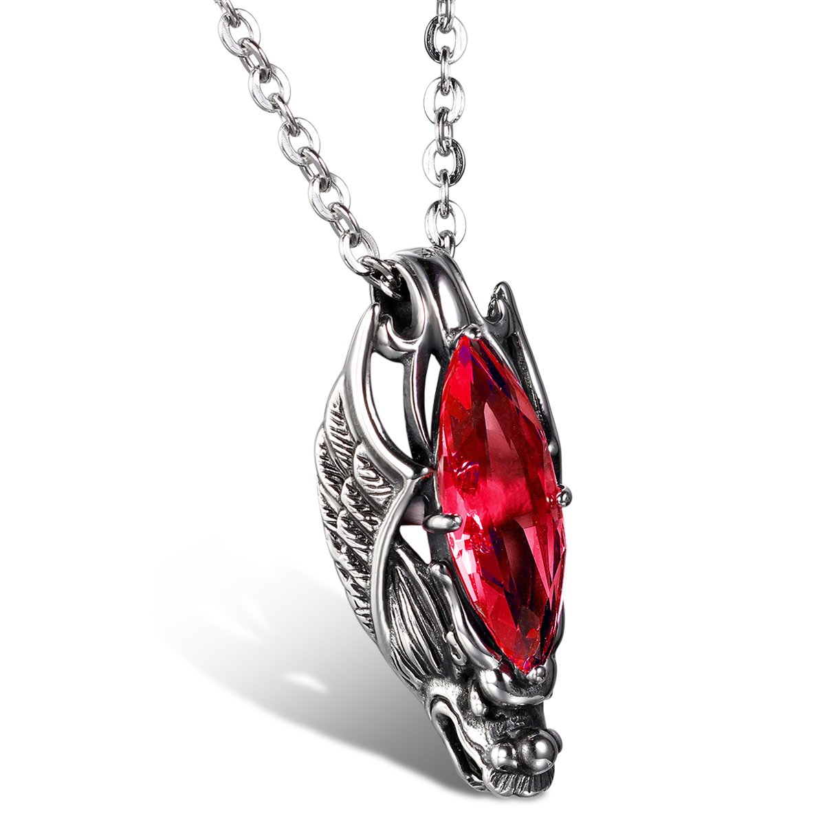 JewelryWe Bike Mens Stainless Steel Dragon Head Pendant Necklace 22" Chain, Silver Red (with Gift Bag)