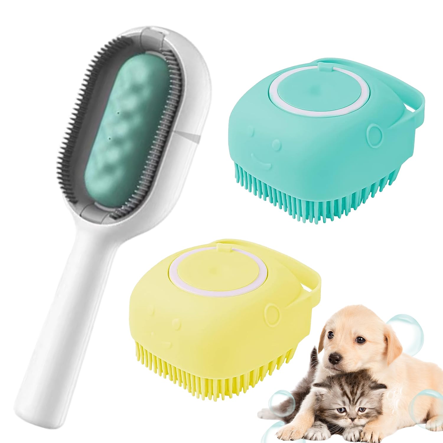 Cat Water Brush, Pet Silicone Bath Brush, Pet Hair Cleaning Brush, Pet Silicone Bath Brush, Cat Brush with Water Tank, Three-Piece Pet Bath Set, Animal Hair Remover with Water Tank