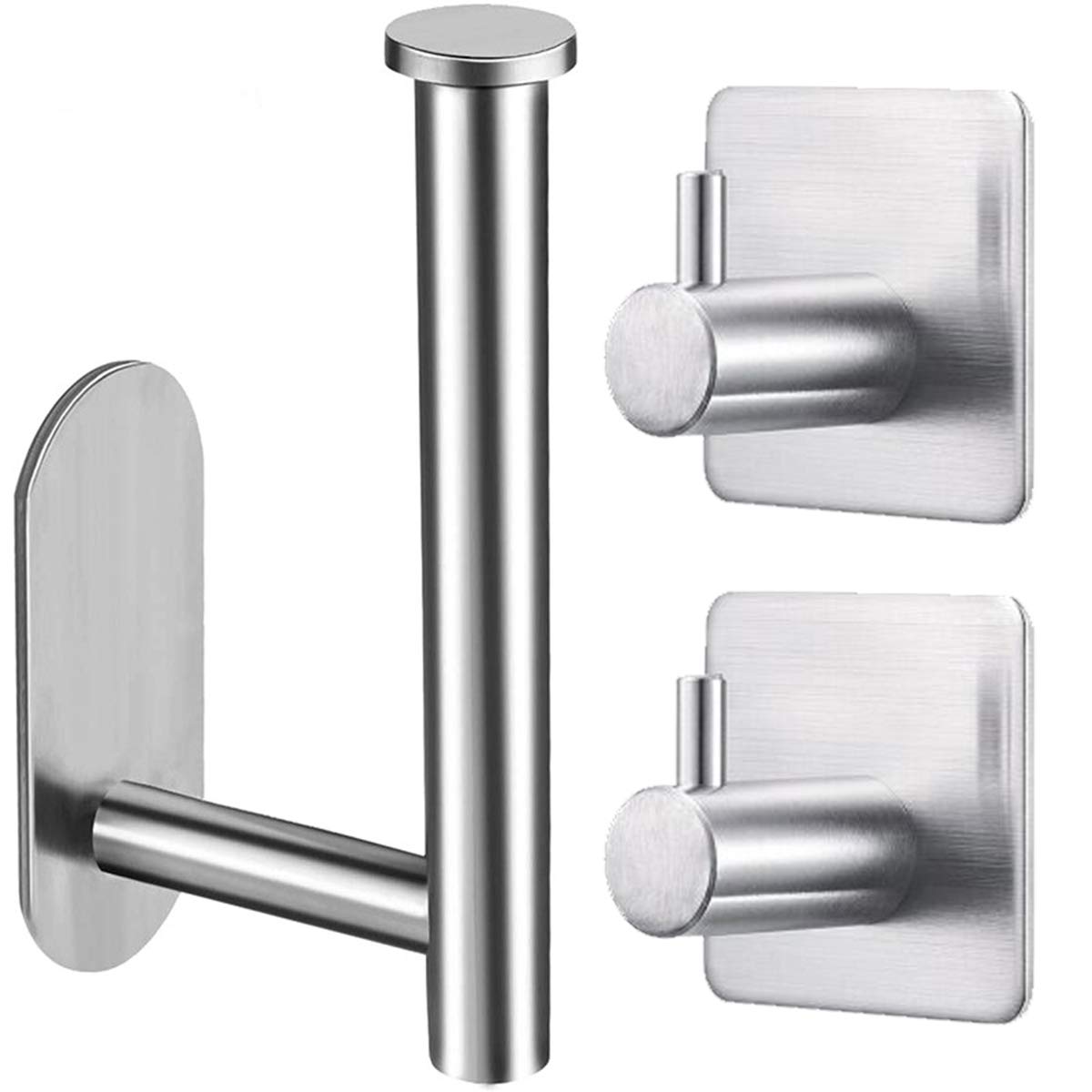 TCHEER Bathroom Accessory Set, Stainless Steel Toilet Roll Holder + 2 PCS Self Adhesive Hooks Towel Bar Robe Hook Wall Mount, No Drilling Required, Strong Adhesiveness and Chrome (Three in one)