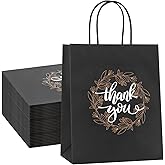 QIELSER Thank You Gift Bags Bulk 50 Pcs 8x4.75x10 Inches Medium Black Kraft Paper Bags with Handles, Tissue Paper, and Hang Tags for Retail Shopping, Wedding, Baby Shower Holiday, Party