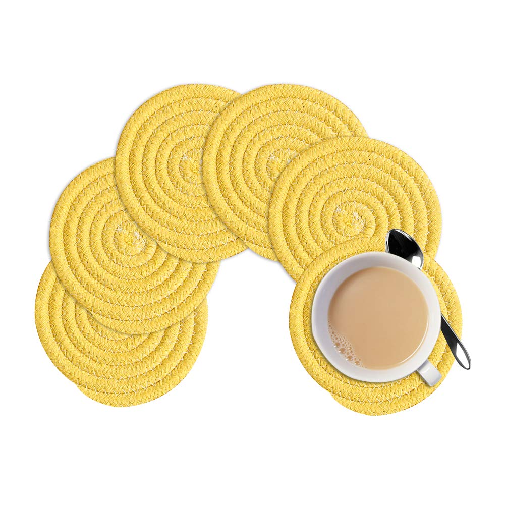 Gracelife 6pcs Cup Mat Pure Cotton Thread Weave Round Drink Hot Pads Mats Set Absorbent Scald-Proof Drink Coasters (Yellow)