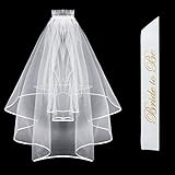 Bride To Be Sash & Bridal Veil with Comb & Ribbon Edge Center Cascade for Bachelorette Party, Wedding White