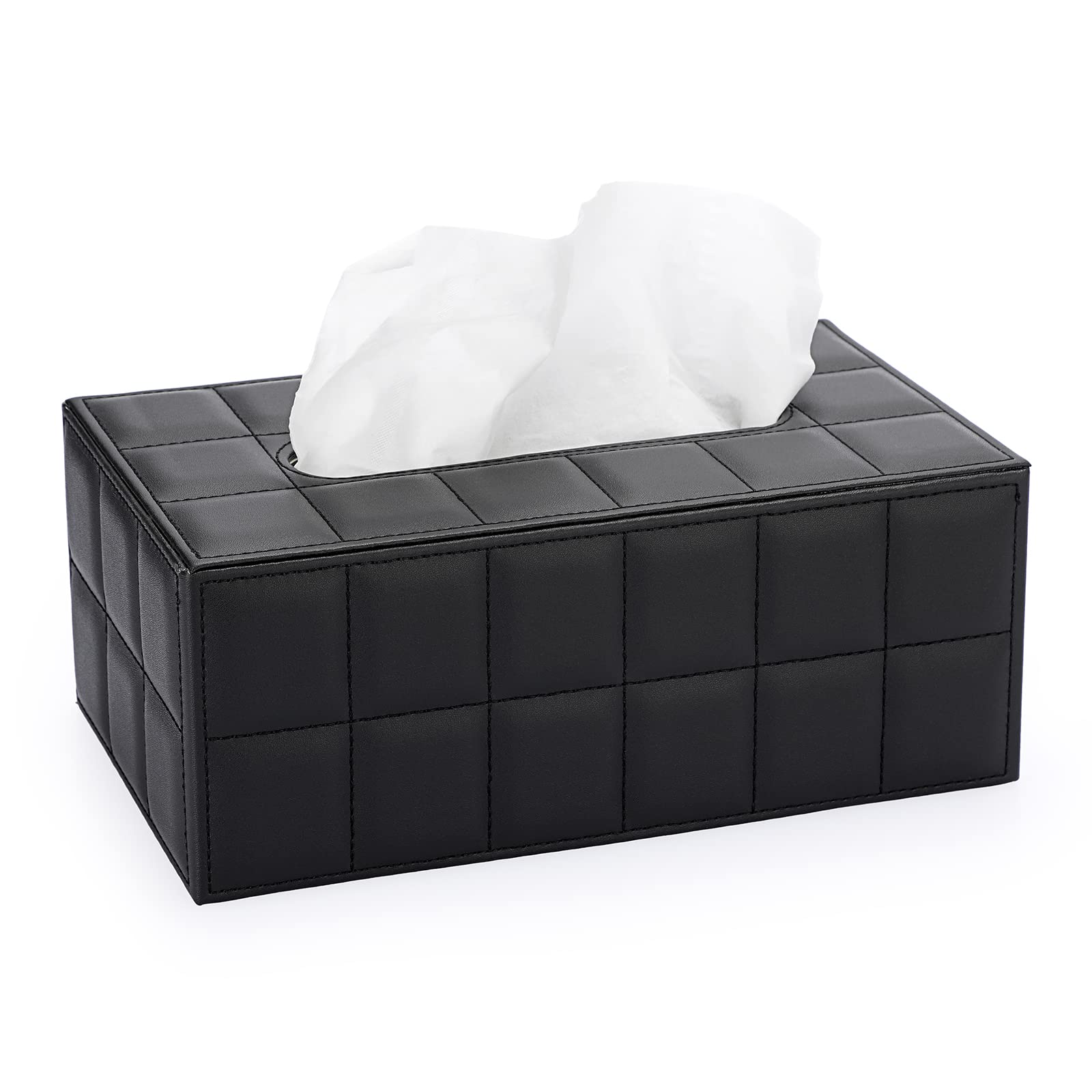 Sumnacon Stylish PU Leather Tissue Box Holder, Rectangular Napkin Holder Pumping Paper Case Dispenser, Facial Tissue Holder with Magnetic Bottom for Home Office Car Automotive Decoration, Grid Black