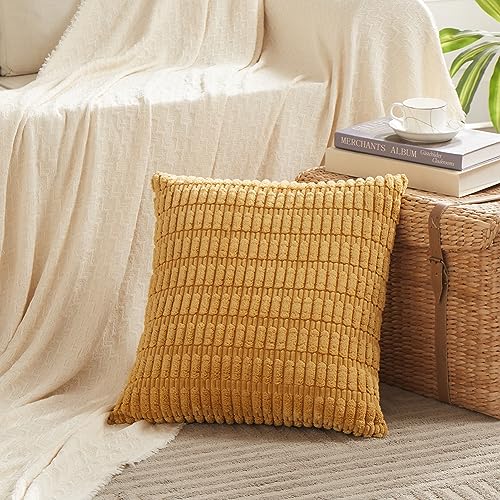 Fancy Homi Mustard Yellow Decorative Throw Pillow Covers 20x20 Inch for Living Room Couch Bed Sofa, Soft Striped Corduroy Square Cushion Case 50x50 cm, Rustic Farmhouse Boho Home Decor