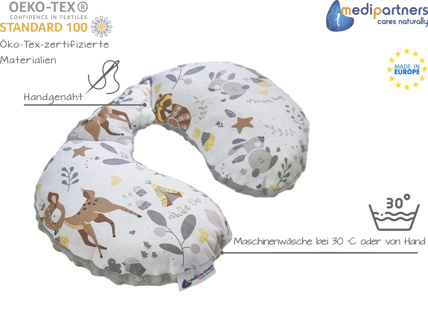 Medi Partners Nackenkissen Kinder Nackenhörnchen Auto Flugzeug Baby - 100% Baumwolle/Minky Nackenstütze Kopfstütze Kindersitz Autositz Nackenrolle Kissen (Reh mit grauem Minky) 4