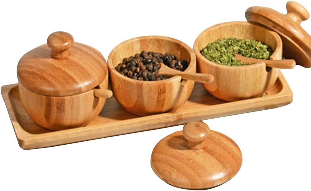 Natural Seasoning Box Set, Bamboo Spice Box With Spoon, Set of 3