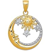 JewelryWeb 14k Yellow Gold Textured Polished and Rhodium Sparkle-Cut Celestial Moon Stars and Sun Pendant Necklace 28.2x19.8mm Pendant for Women