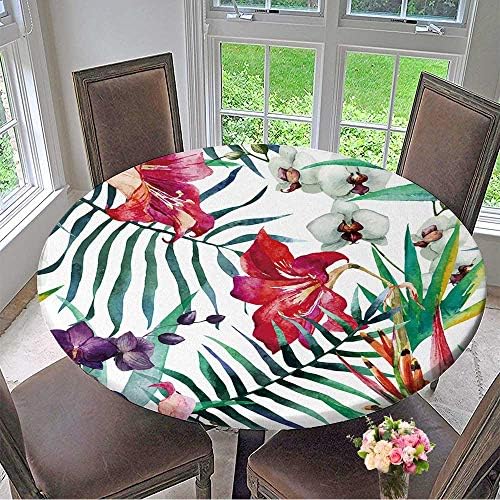 Round Polyester Tablecloth Table Cover Watercolor,Tropical,Pattern,Wallpaper,Background,Birds of Paradise,Orchids for Most Home Decor 47.5"-50" Round (Elastic Edge)