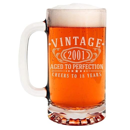 Vintage 2001 Etched 16oz Glass Beer Mug 18th Birthday Aged To