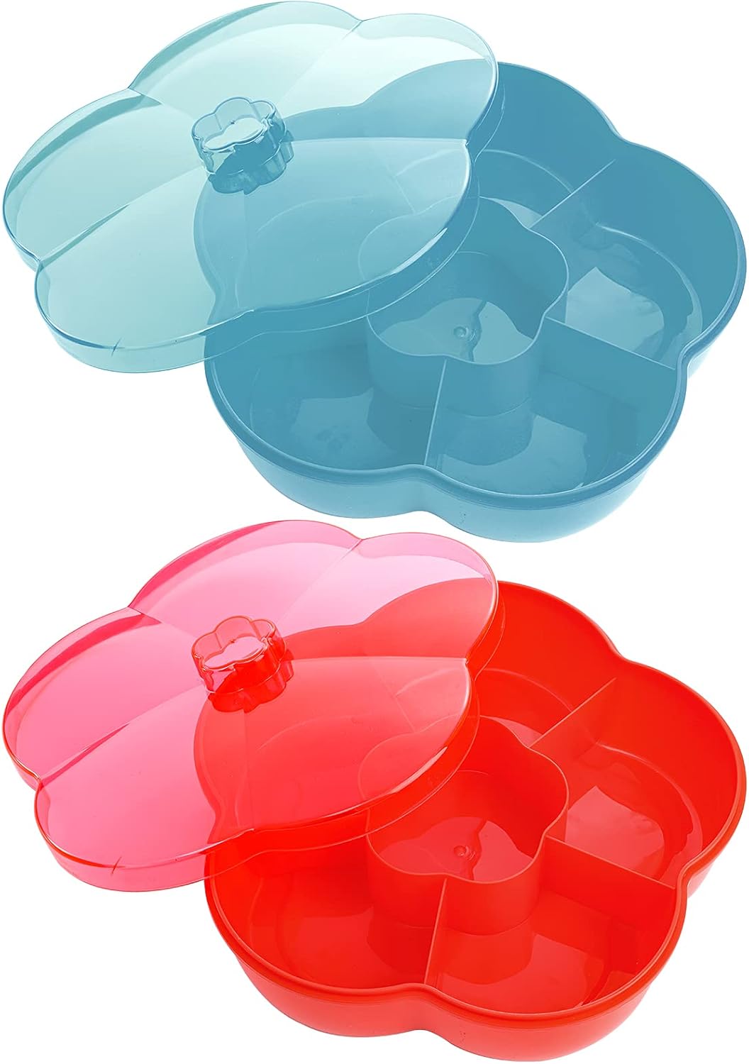 Yarlung 2 Pack 10 Inch Candy Nut Serving Container with Lid, Plastic Snacks Bowl 6 Compartment Dried Fruit Plate Organizer, Appetizer Tray, Food Storage Dish Platter, Flower Shaped, Red & Blue: Kitchen & Dining